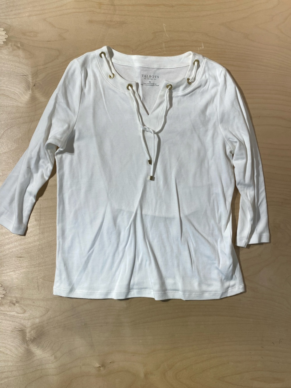 Talbots White Lace-Up Boatneck 3/4 Sleeve Top SP (SB)